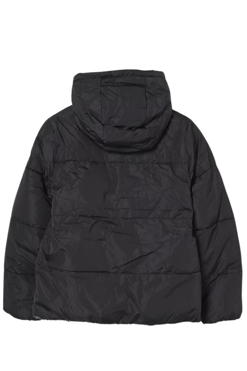 Giubbotto piumino da ragazza reversibile con lato a tinta unica e lato con pattern logo monogram R30456/M15