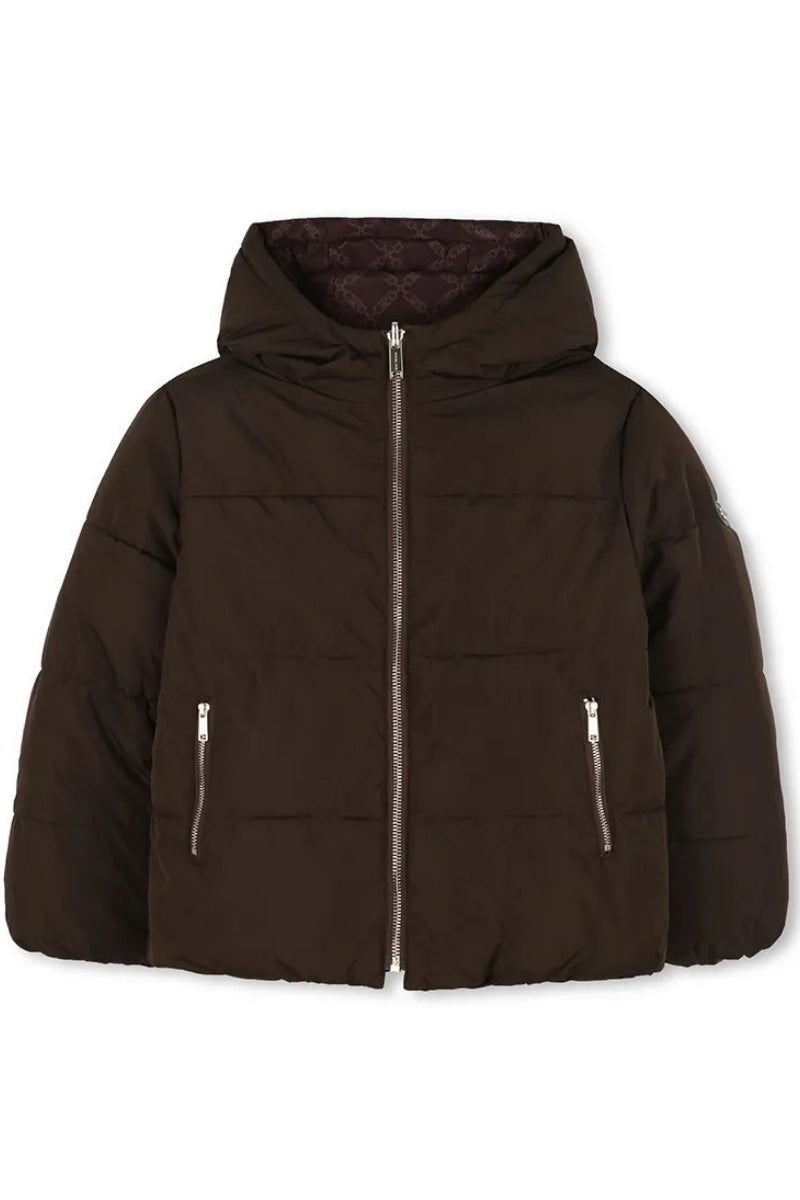 Giubbotto piumino da ragazza reversibile con pattern logo monogram con motivo geometrico R30456