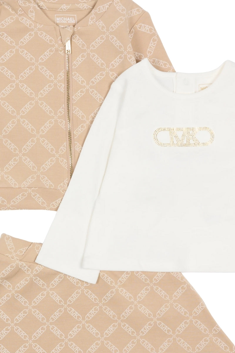 Completo tre pezzi con felpa, maglia e gonna con stampa pattern logo monogram R30502