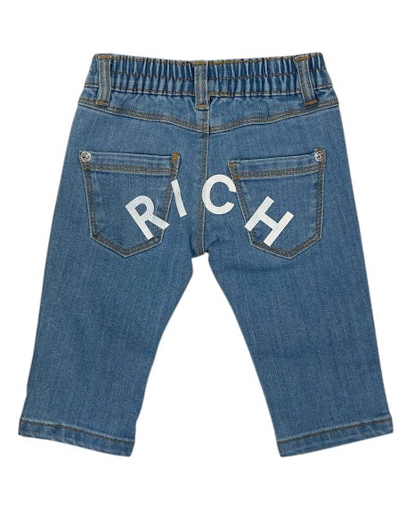 Jeans da neonato in cotone con logo lettering stampato a contrasto sul retro RIA25125JE