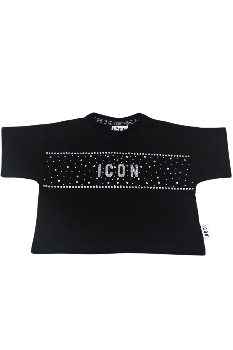 T-shirt cropped da ragazza con logo lettering, glitter e strass sul davanti IGKS001250