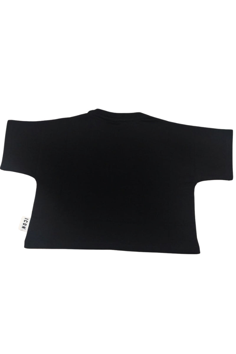 T-shirt cropped da ragazza con logo lettering, glitter e strass sul davanti IGKS001250