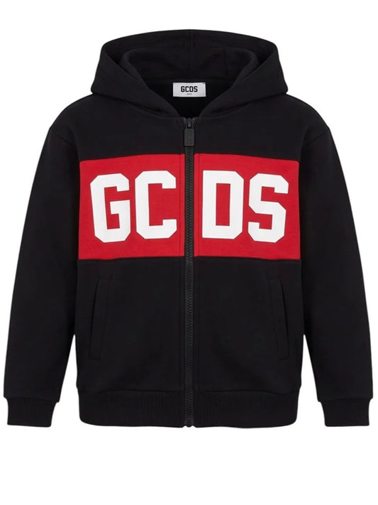 Felpa aperta da neonato con cappuccio e maxi banda loggata a contrasto colore sul davanti GC0091