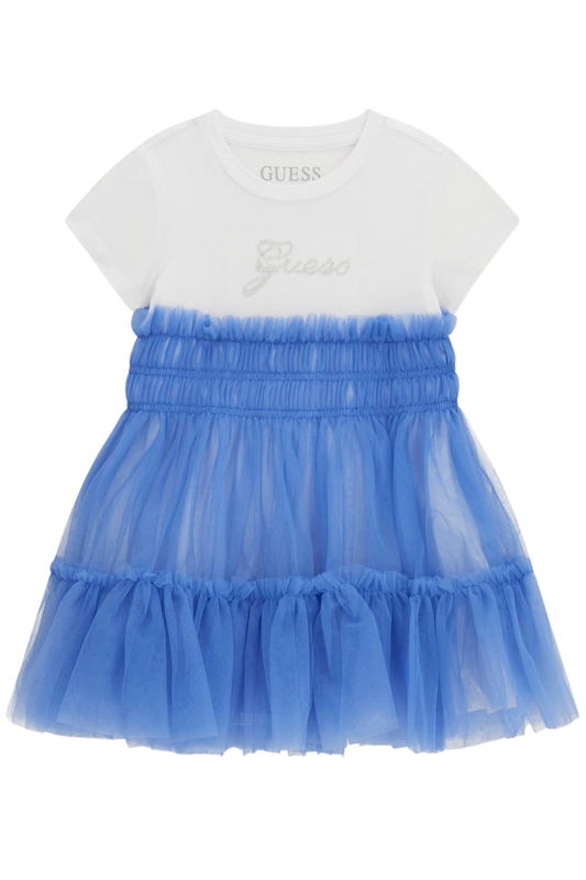 Vestito da neonata in cotone con ruches e logo lettering con strass sul davanti