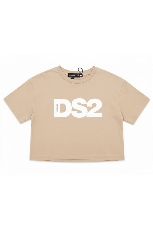 T-shirt cropped da ragazza con maxi logo monogram stampato a contrasto colore sul davanti SS26K507