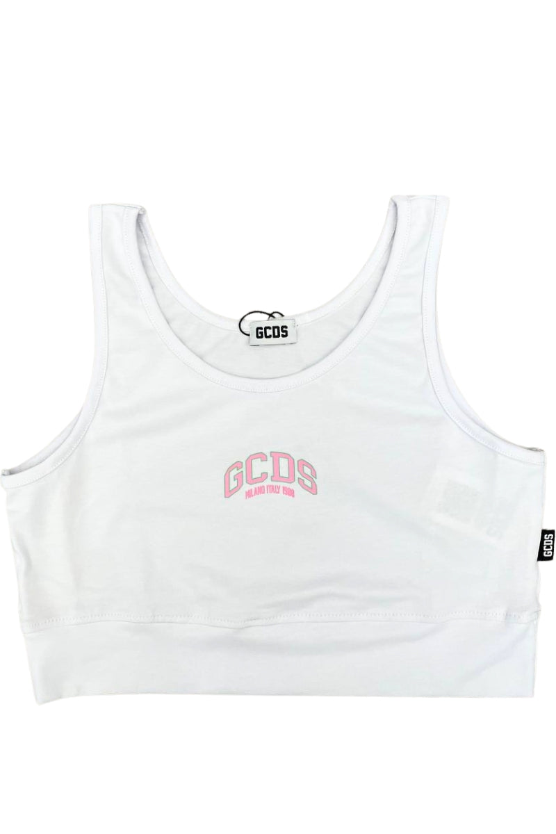 Top da ragazza in cotone elasticizzato con logo lettering stampato a contrasto colore sul davanti C1GJQG544J336