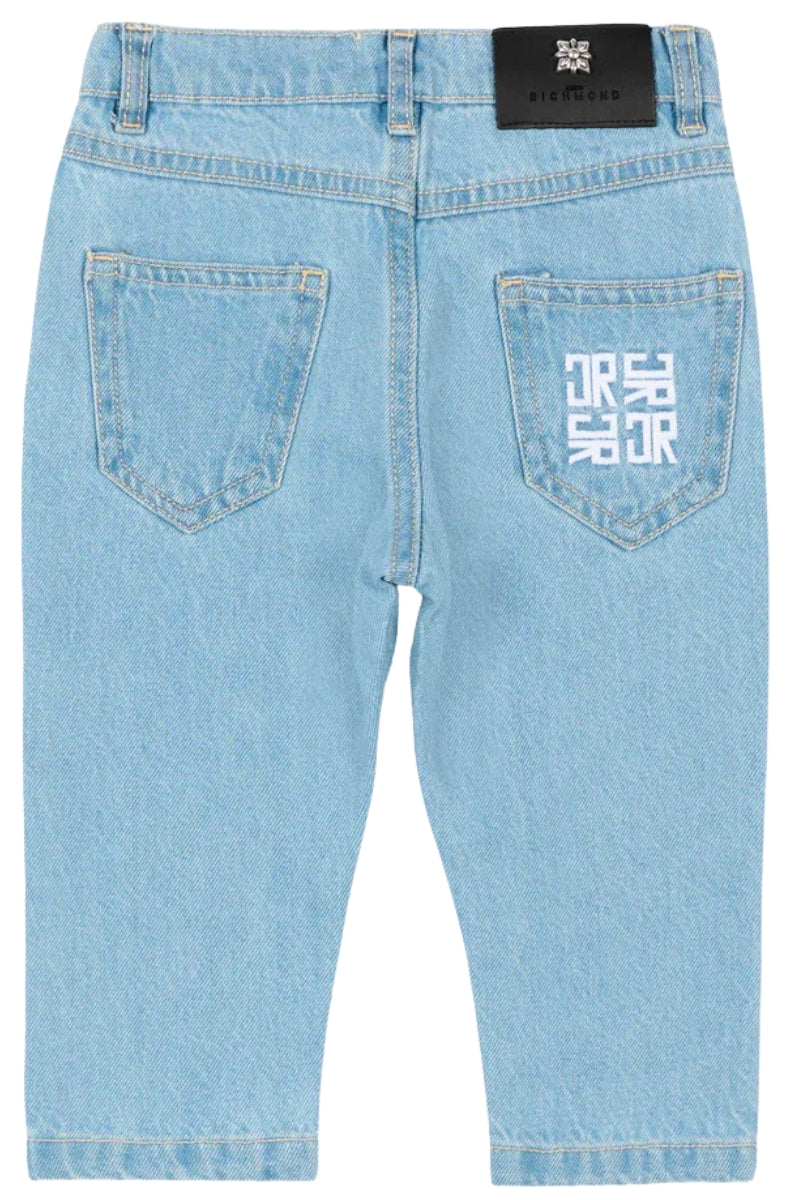 Jeans da neonato in denim chiaro con logo monogram ricamato sulla tasca posteriore RIP26024JE