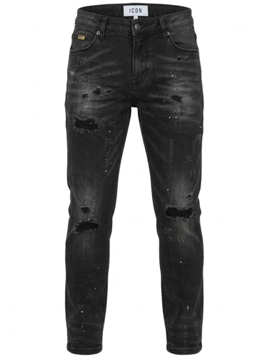 Jeans da ragazzo con lavaggio scuro, strappi e schizzi frontali IBDT001303