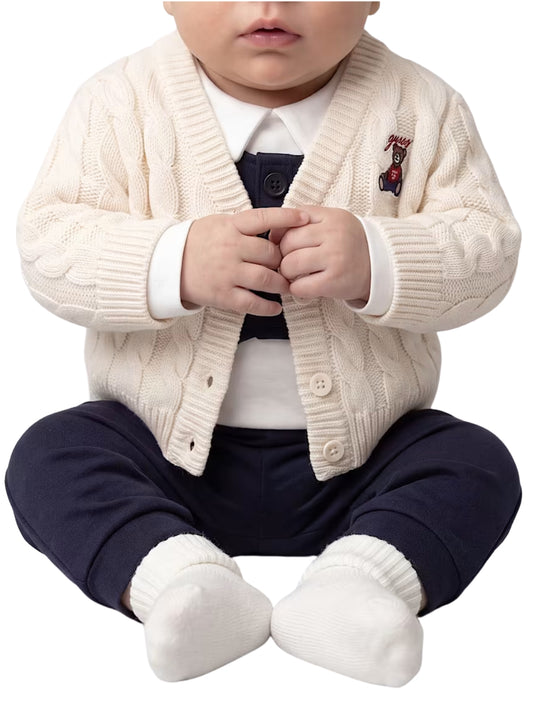 Cardigan da neonato in maglia con toppa loggata orsacchiotto cucita a sinistra I6BR01Z1653
