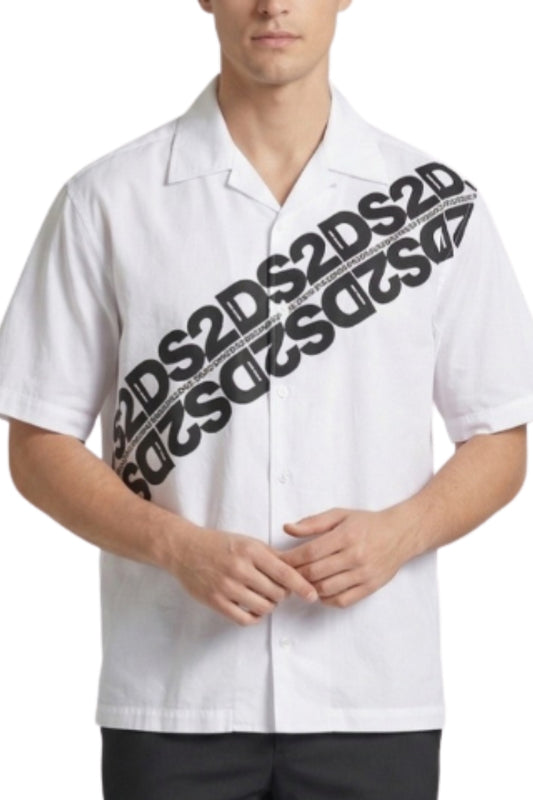 Camicia da uomo in misto cotone con multi logo lettering a contrasto trasversale sul davanti SS26260