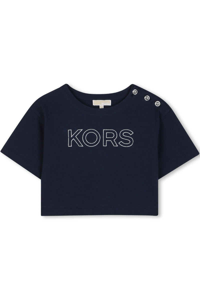 T-shirt girocollo da ragazza in jersey di cotone con logo lettering ricamato in lurex R30605/849