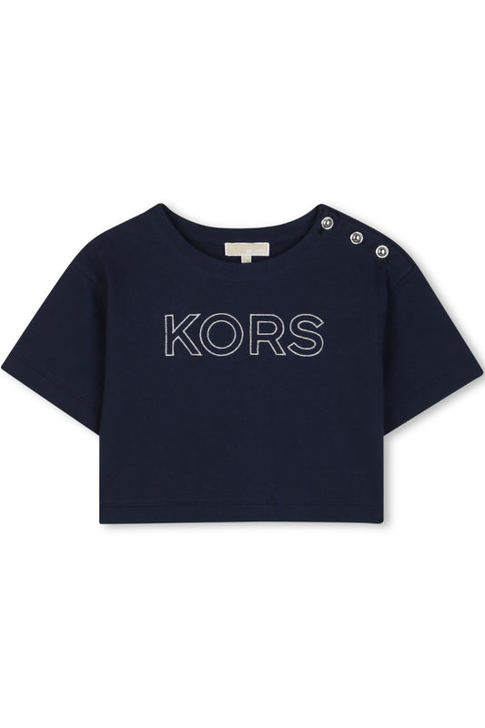 T-shirt girocollo da ragazza in jersey di cotone con logo lettering ricamato in lurex R30605/849