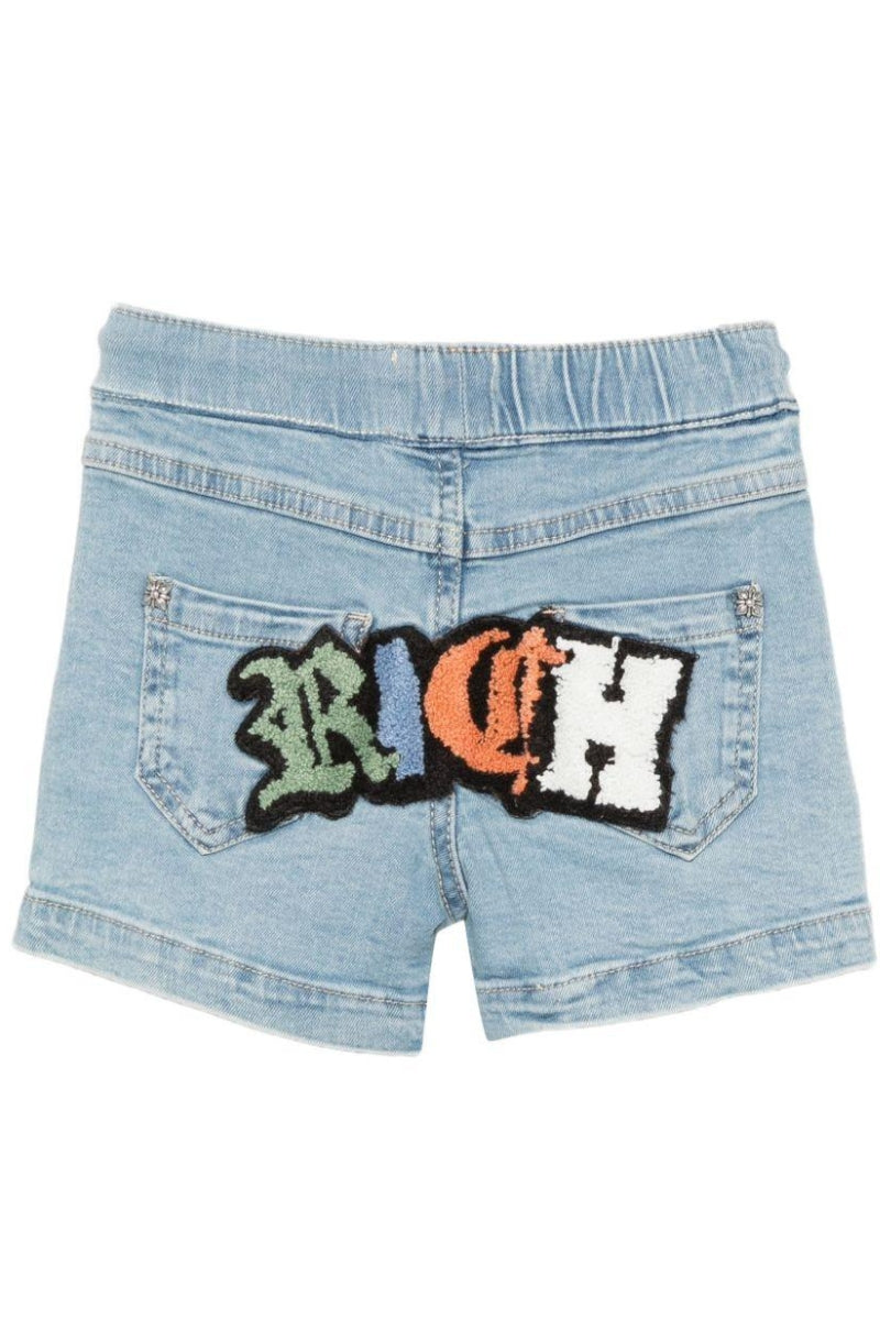 Bermuda da neonato in denim elasticizzato con maxi logo lettering stilizzato sul retro RIP26107BE