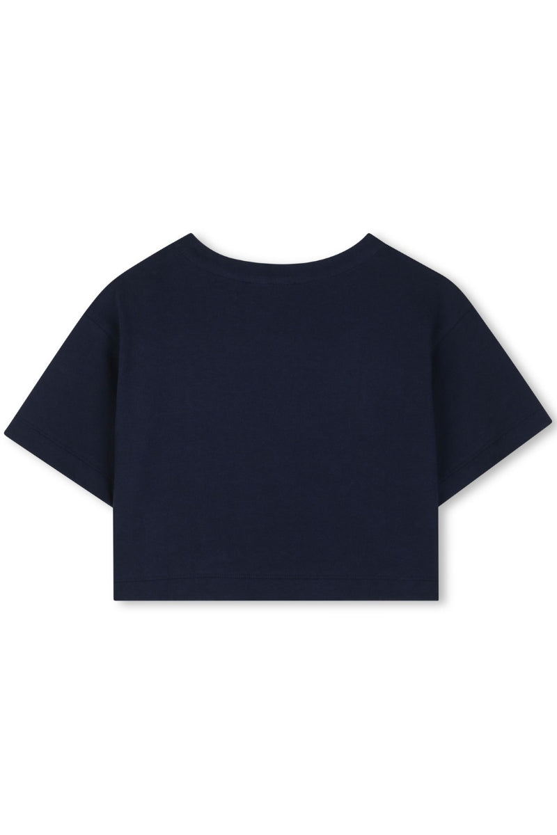 T-shirt girocollo da ragazza in jersey di cotone con logo lettering ricamato in lurex R30605/849