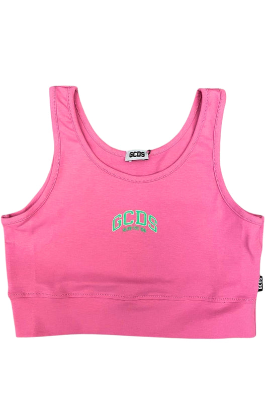 Top da ragazza in cotone elasticizzato con logo lettering stampato a contrasto colore sul davanti C1GJQG544J336