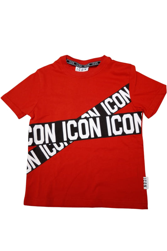T-shirt girocollo da ragazzo con bande loggate a incrocio a contrasto colore sul davanti IBKS001002