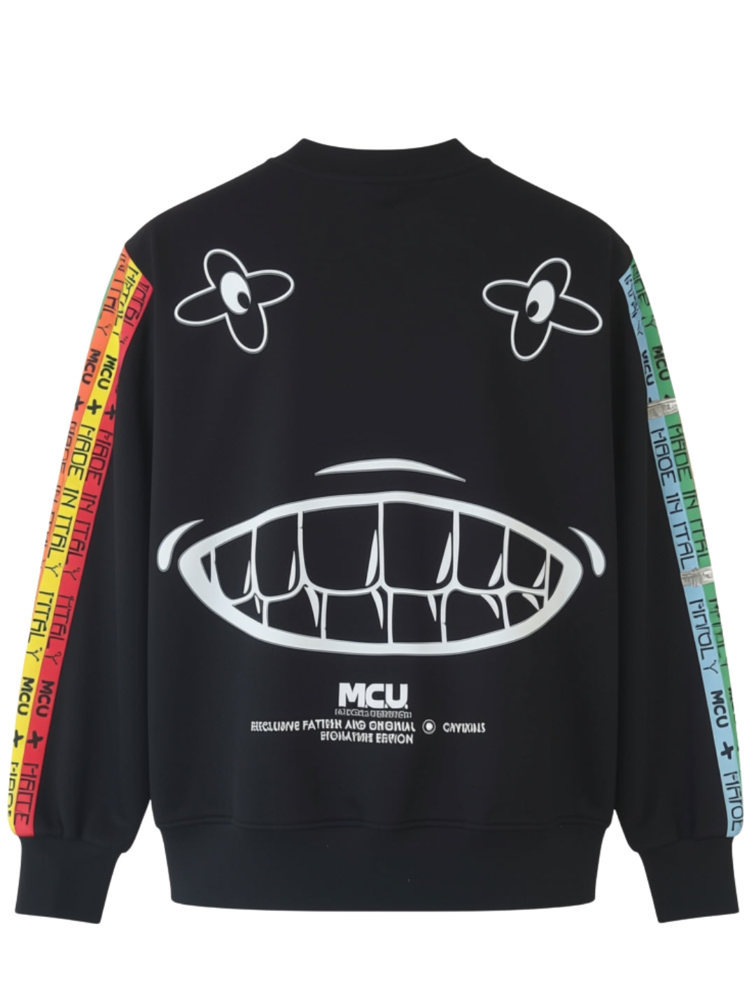 Felpa girocollo da uomo e donna con fasce loggate multicolor sui profili delle maniche MCU711F