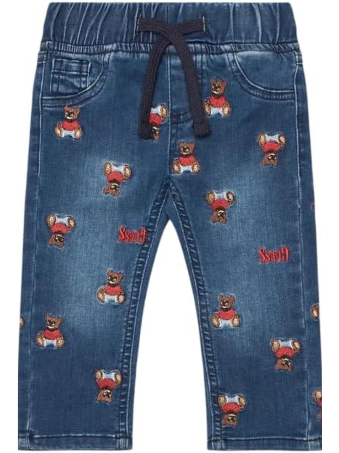 Jeans scuro da neonato con ricami orsacchiotti all over I6BA01D2212