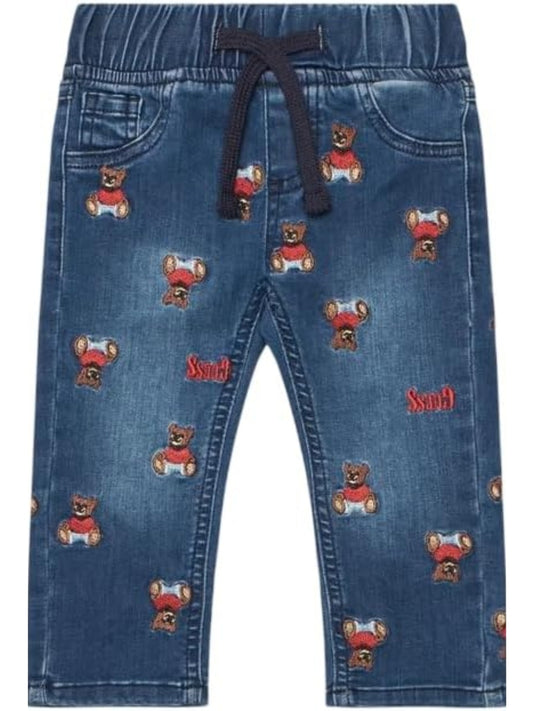 Jeans scuro da neonato con ricami orsacchiotti all over I6BA01D2212