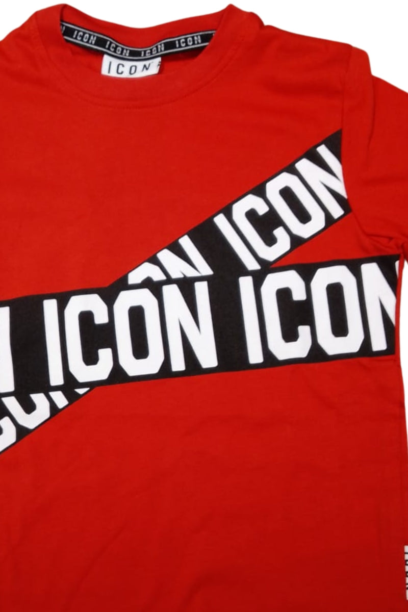 T-shirt girocollo da ragazzo con bande loggate a incrocio a contrasto colore sul davanti IBKS001002