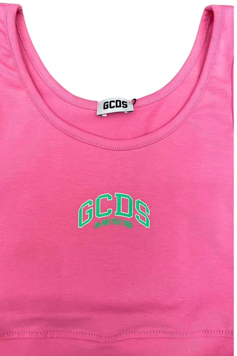 Top da ragazza in cotone elasticizzato con logo lettering stampato a contrasto colore sul davanti C1GJQG544J336