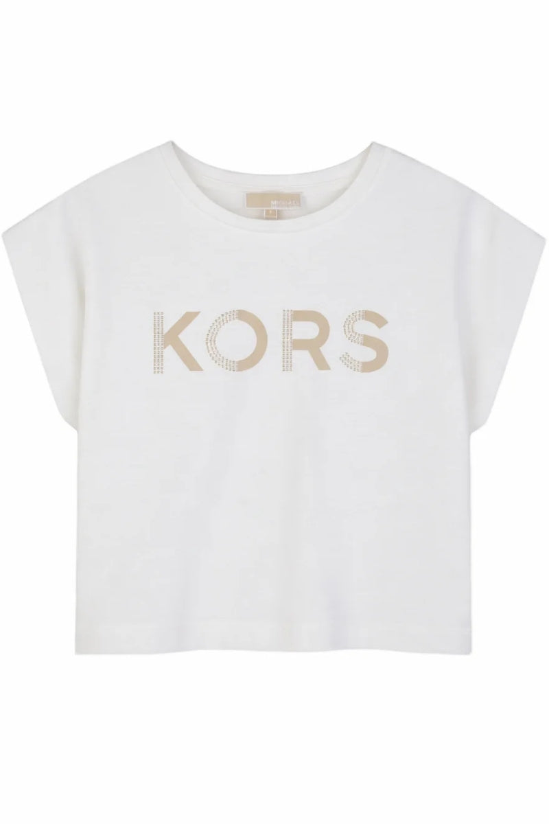 T-shirt da bambina e ragazza in cotone con logo lettering frontale con mini strass R30607/117