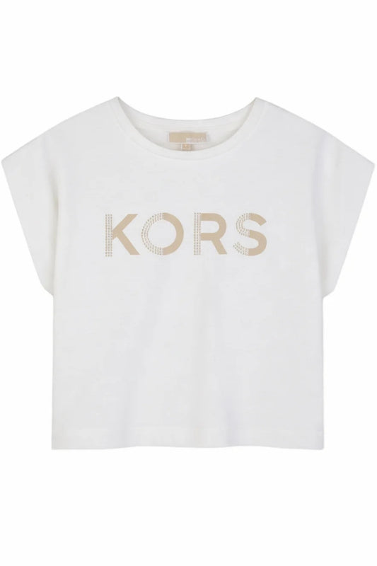 T-shirt da bambina e ragazza in cotone con logo lettering frontale con mini strass R30607/117