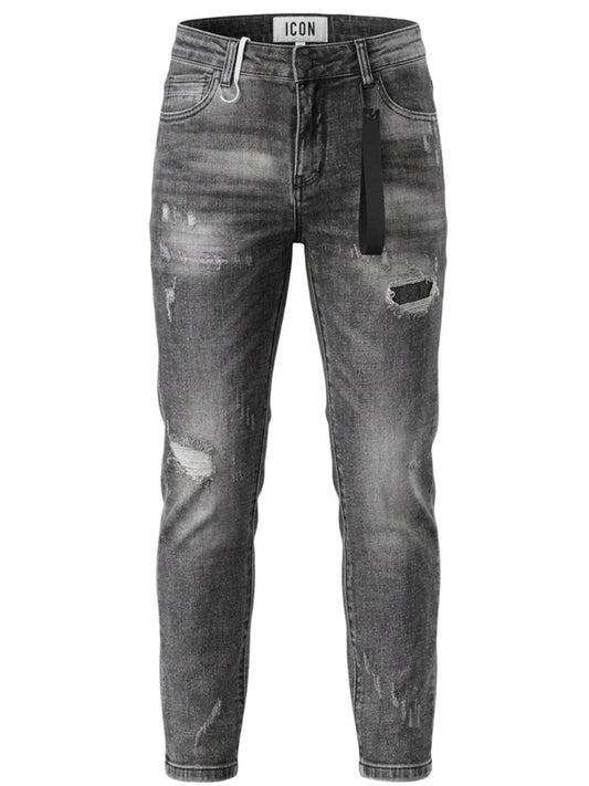 Jeans da ragazzo modello slim con strappi frontali e logo stampato sul retro IBDT001302