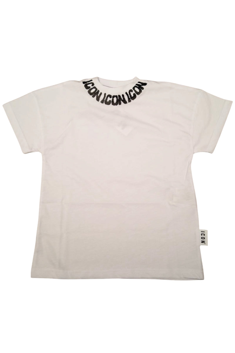 T-shirt girocollo da ragazzo con multi logo lettering a contrasto sul collo IBKS001100