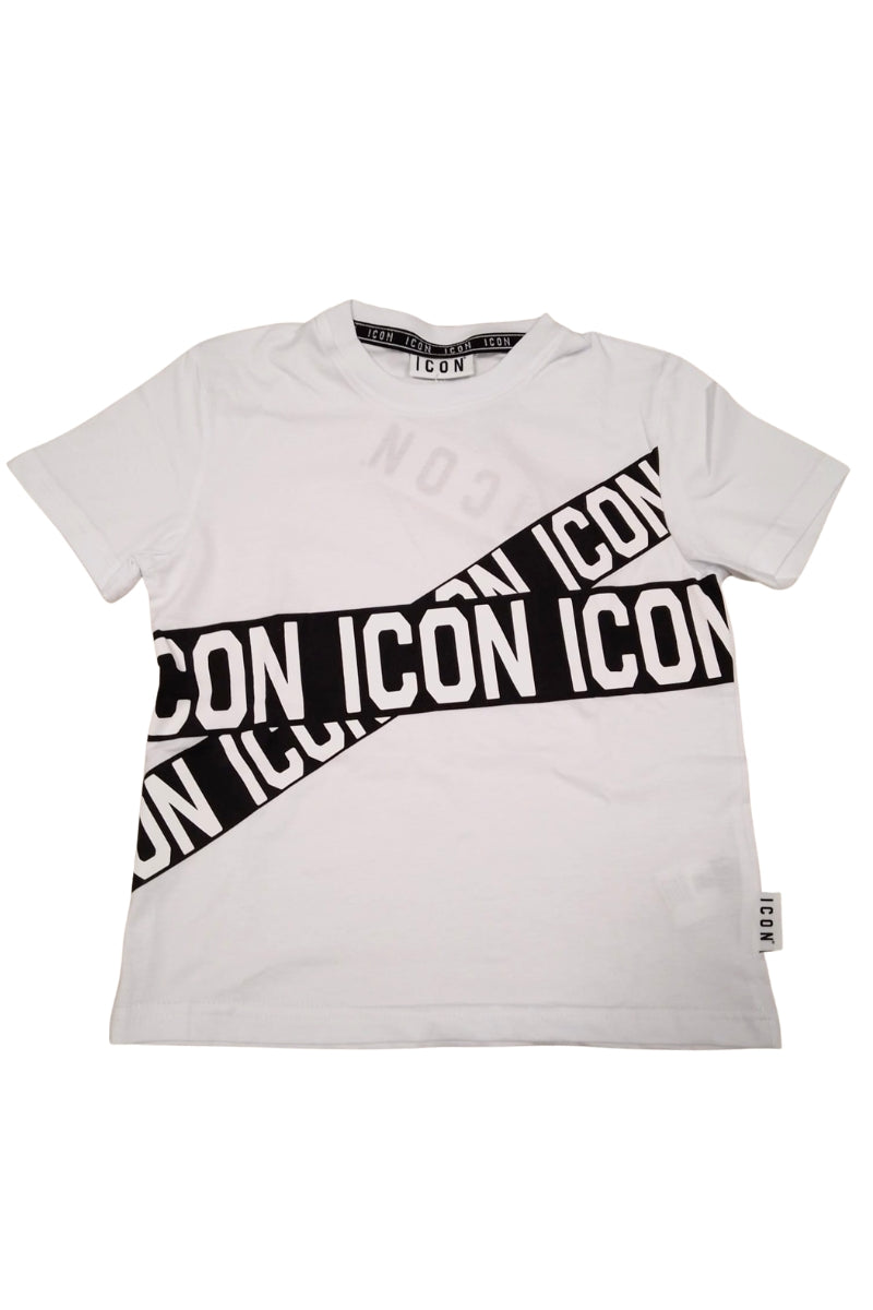 T-shirt girocollo da ragazzo con bande loggate a incrocio a contrasto colore sul davanti IBKS001002