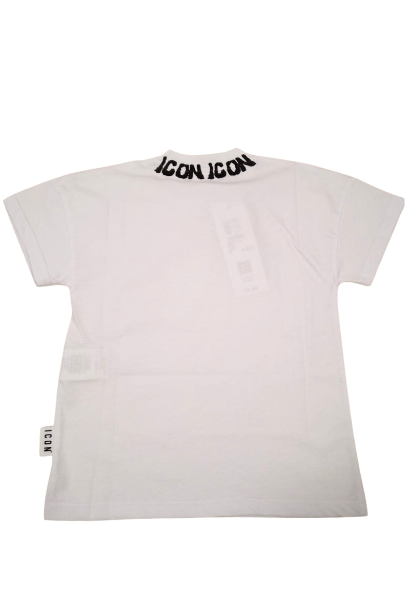 T-shirt girocollo da ragazzo con multi logo lettering a contrasto sul collo IBKS001100