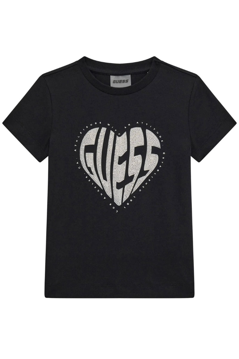 T-shirt da ragazza in jersey di cotone con logo lettering a forma di cuore con strass J5RI46J1314