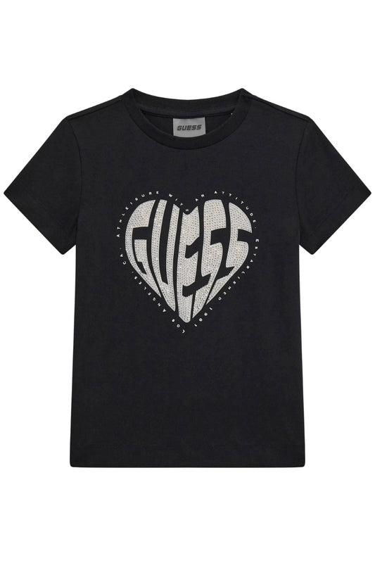 T-shirt da ragazza in jersey di cotone con logo lettering a forma di cuore con strass J5RI46J1314
