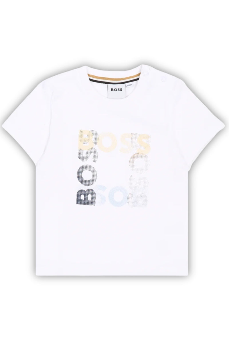 T-shirt da neonato e bambino in cotone con stampa multi logo sul davanti J52882/10P