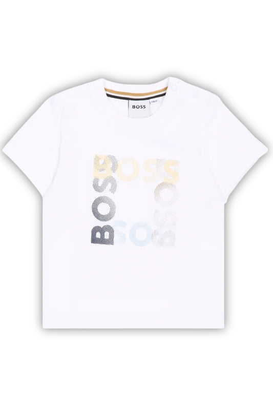 T-shirt da neonato e bambino in cotone con stampa multi logo sul davanti J52882/10P