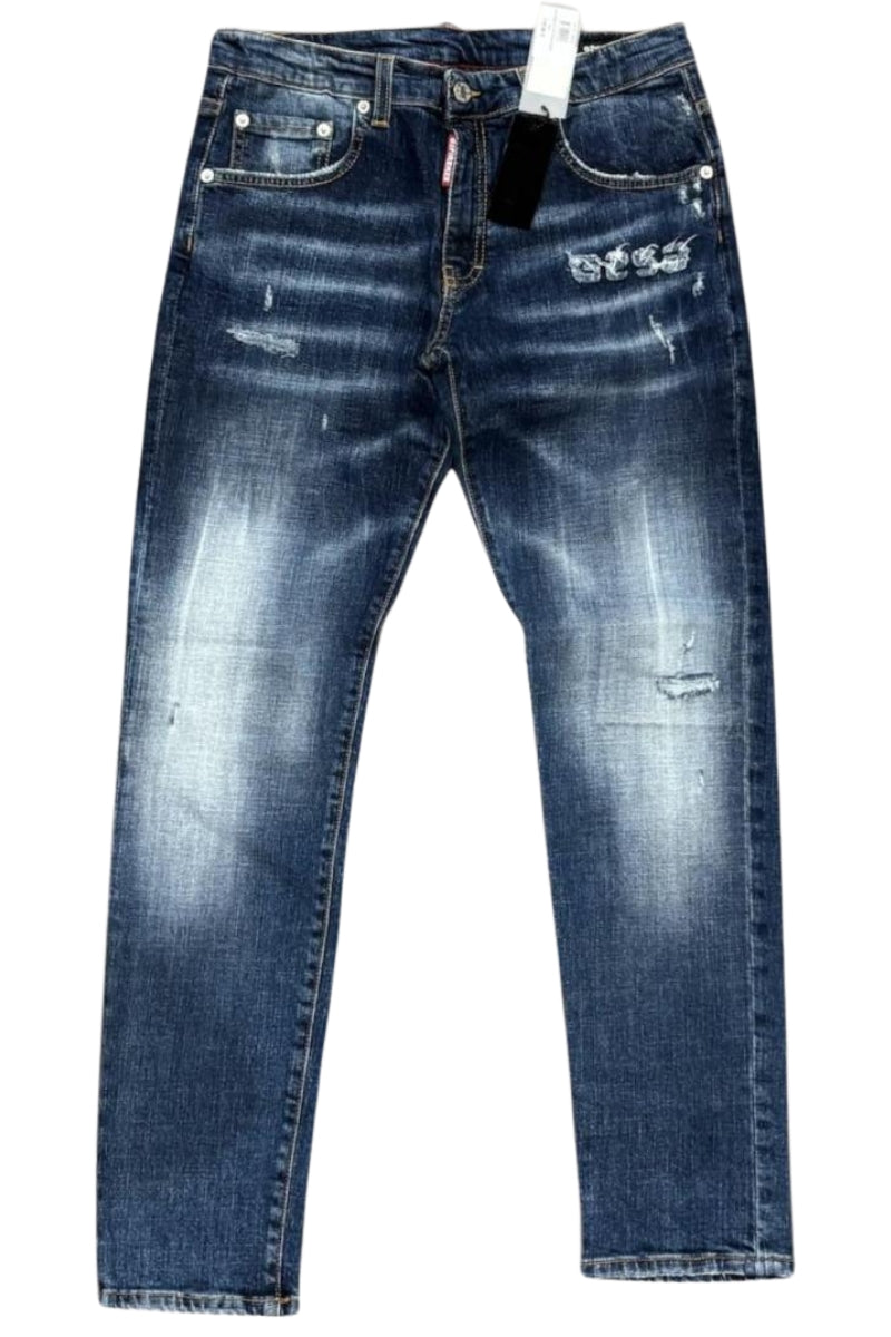 Jeans da ragazzo FRENC in denim scuro con strappi e striature fronte e retro