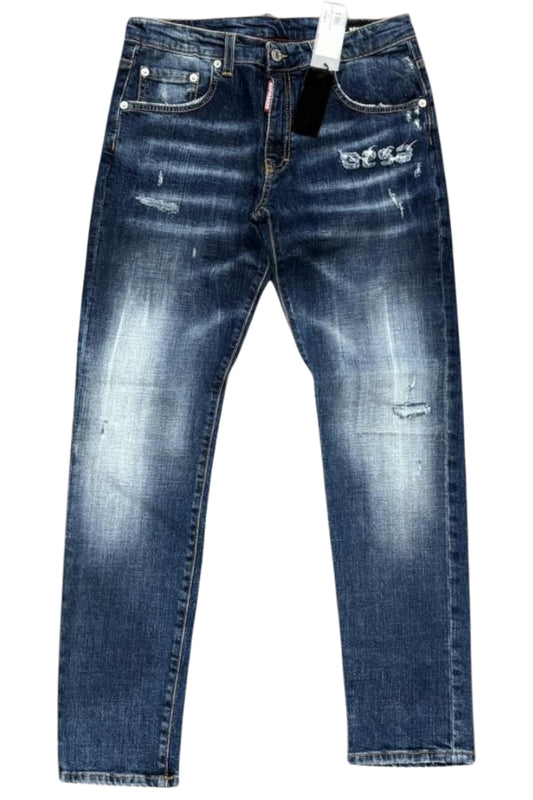 Jeans da ragazzo FRENC in denim scuro con strappi e striature fronte e retro