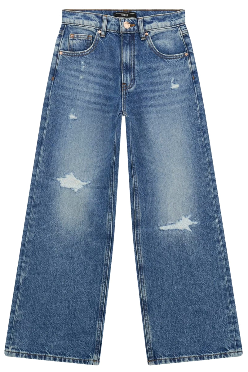 Jeans da ragazza modello palazzo a cinque tasche con abrasioni sul davanti J5RA00D45E0