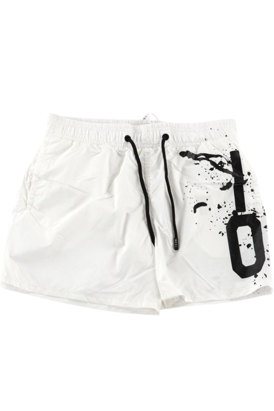 Costume da bagno da ragazzo modello boxer con stampa con maxi logo lettering e schizzi a sinistra IBCS001173