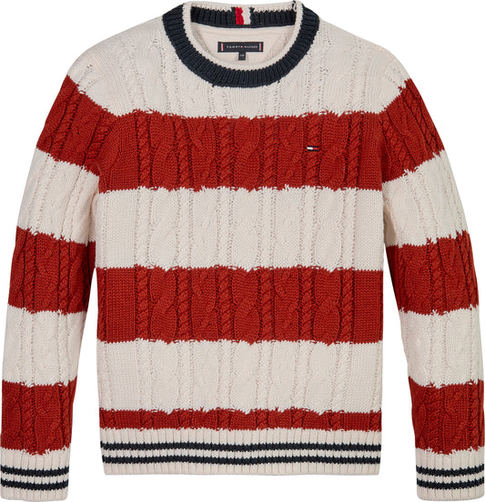 Maglione girocollo a righe lavorato a trecce