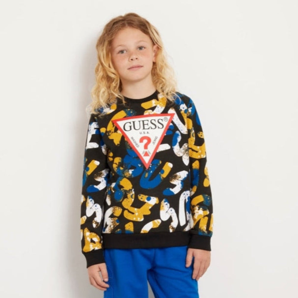 Felpa girocollo da ragazzo a fantasia con maxi triangolo logato sul davanti