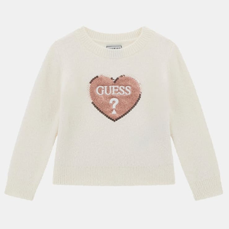 Maglione da bambina e ragazza girocollo con maxi cuore  logato frontale con strass