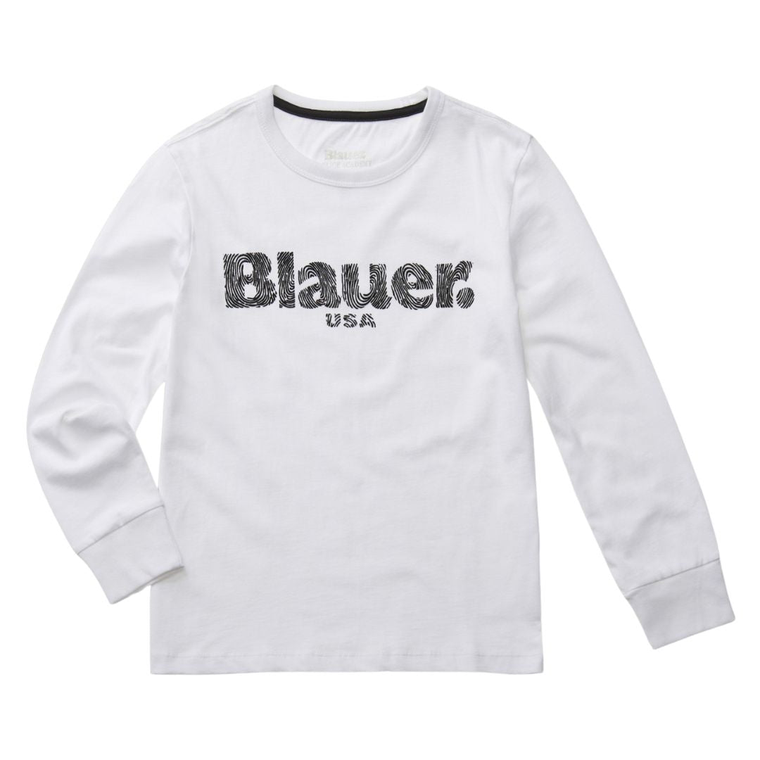 Maglia girocollo da ragazzo a maniche lunghe con maxi logo striato sul davanti