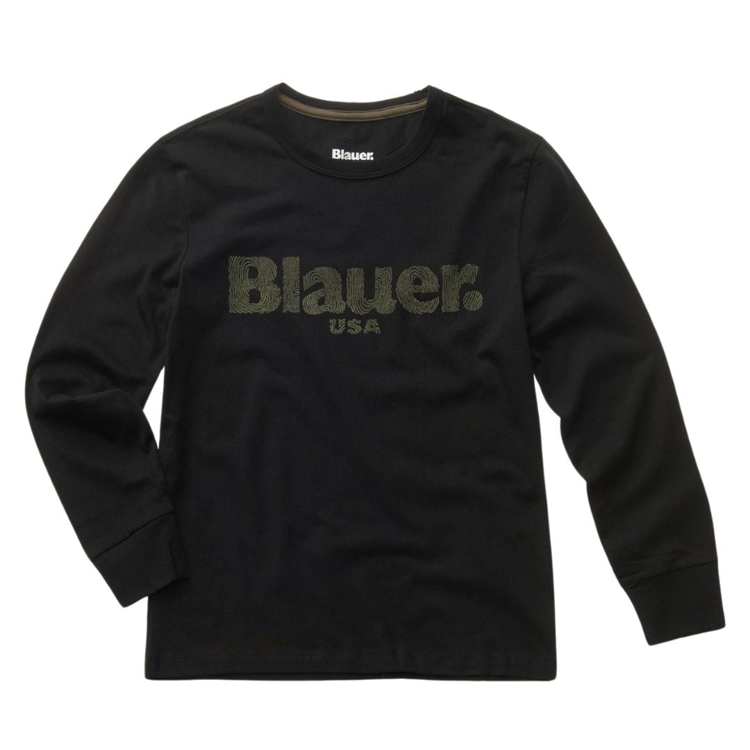 Maglia girocollo da ragazzo a maniche lunghe con maxi logo striato sul davanti