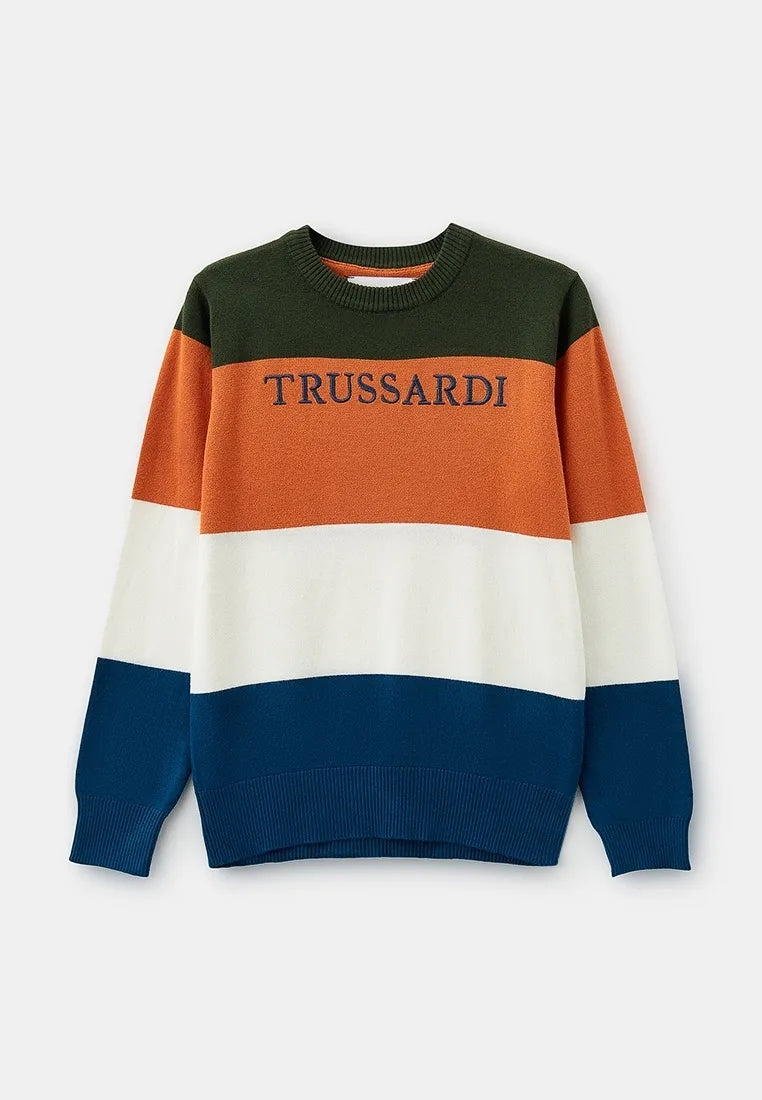 Maglione girocollo da ragazzo con fasce multicolor e logo lettering sul davanti