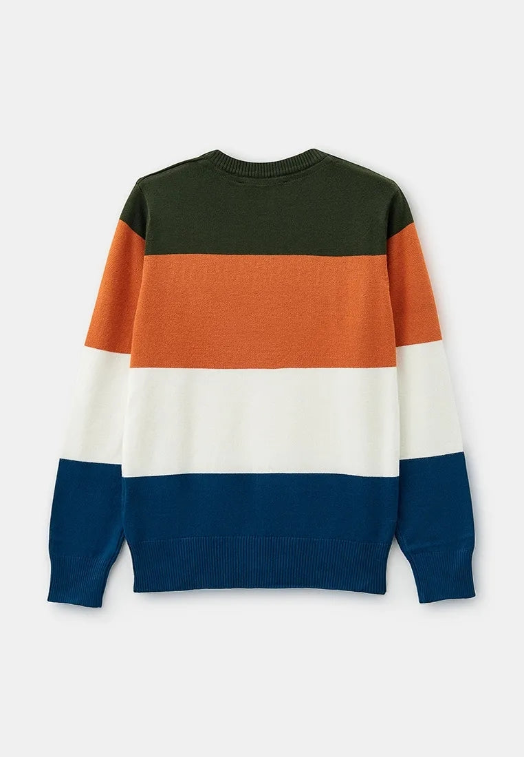 Maglione girocollo da ragazzo con fasce multicolor e logo lettering sul davanti