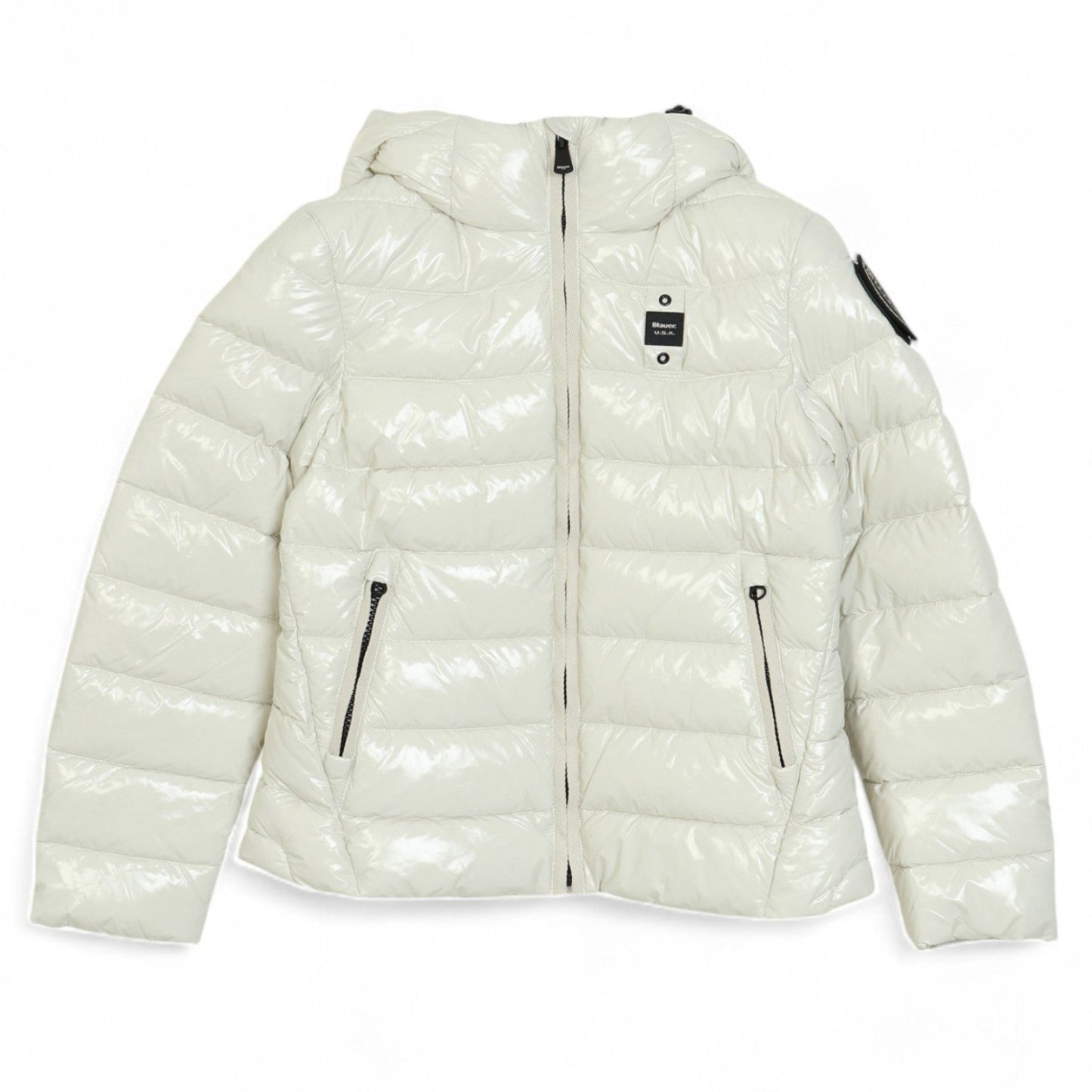 Giubbotto da ragazza con cappuccio e texture effetto lucido