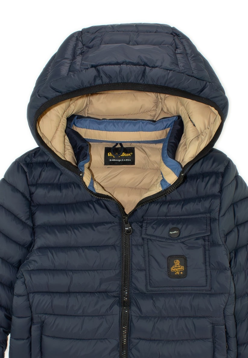 Giubbotto imbottito da ragazzo con cappuccio e tasca logata frontale