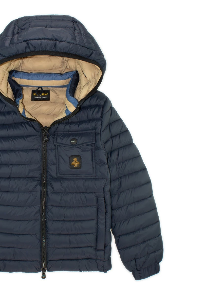 Giubbotto imbottito da ragazzo con cappuccio e tasca logata frontale