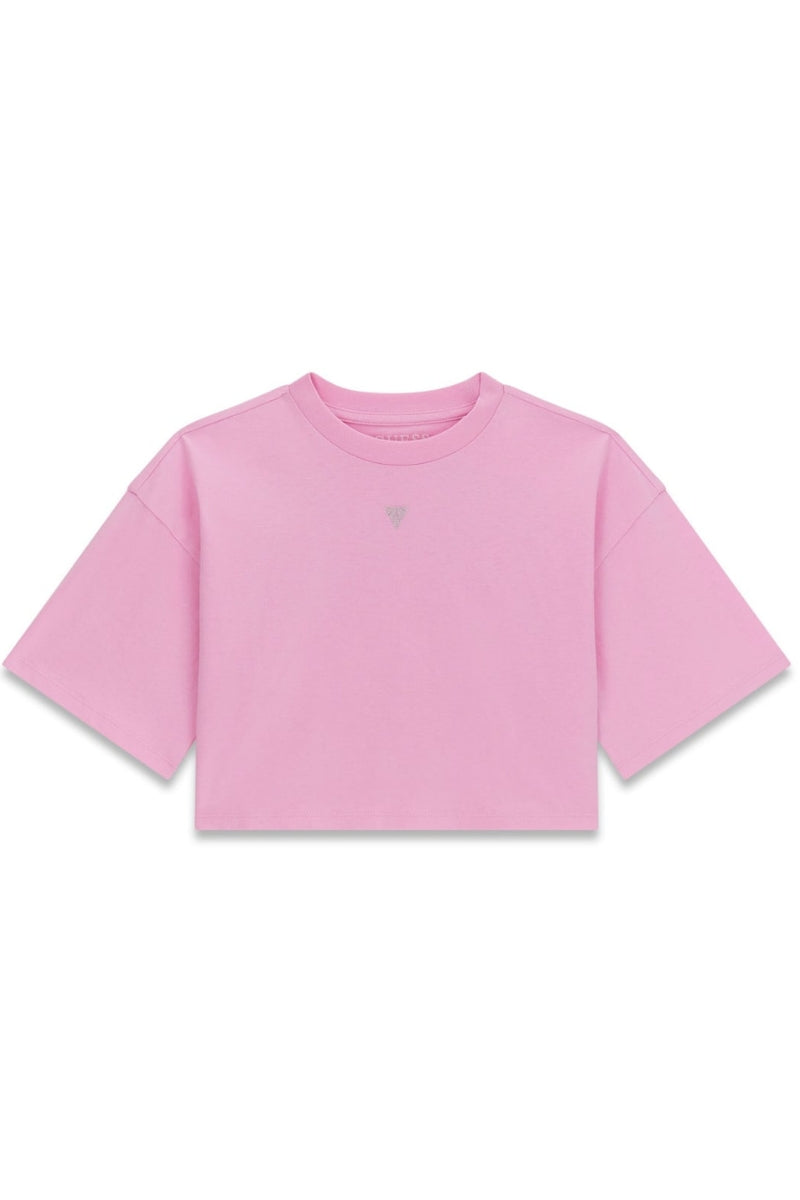 T-shirt cropped  da ragazza con maxi logo lettering con strass sul retro J6RI13K8HM4